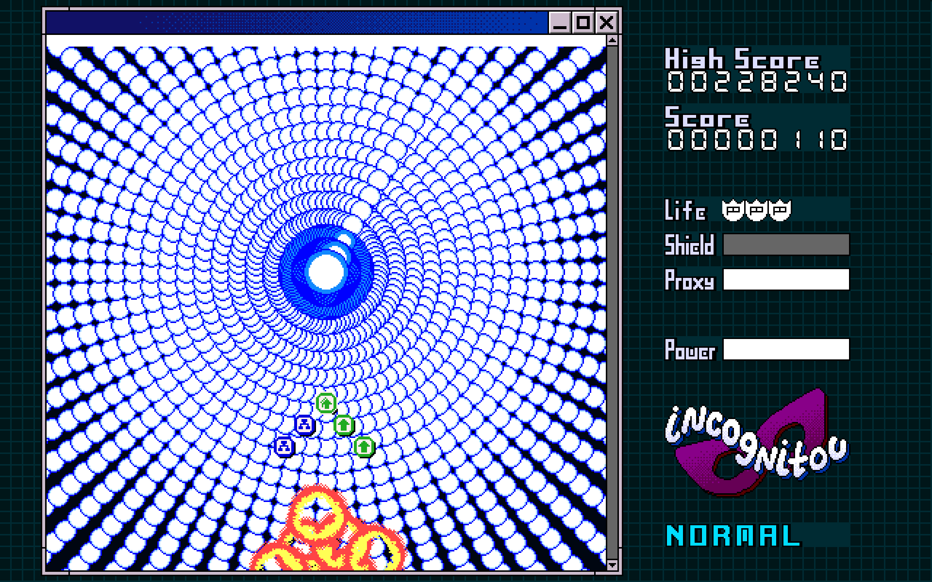 Incognitou gameplay with a dense spiral bullet pattern