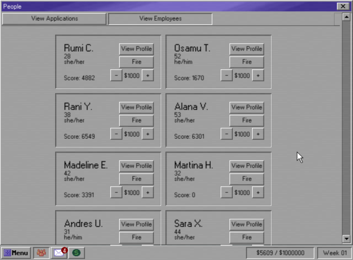 Power Trip’s employee management screen with profiles, firing buttons, and pay controls