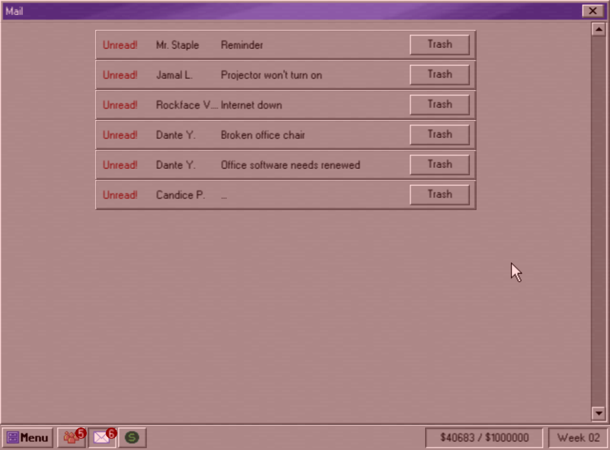 Power Trip’s mail interface listing employee requests about office equipment and services