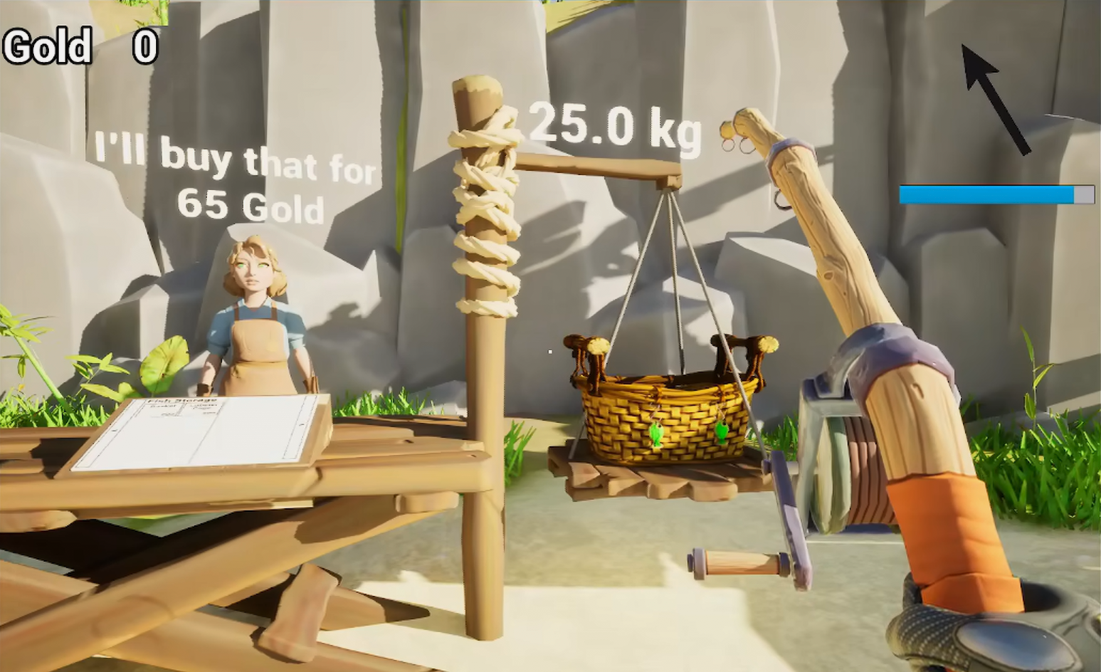 A basket on Tidebound’s fish scale beside a vendor, with weight and sale price displayed